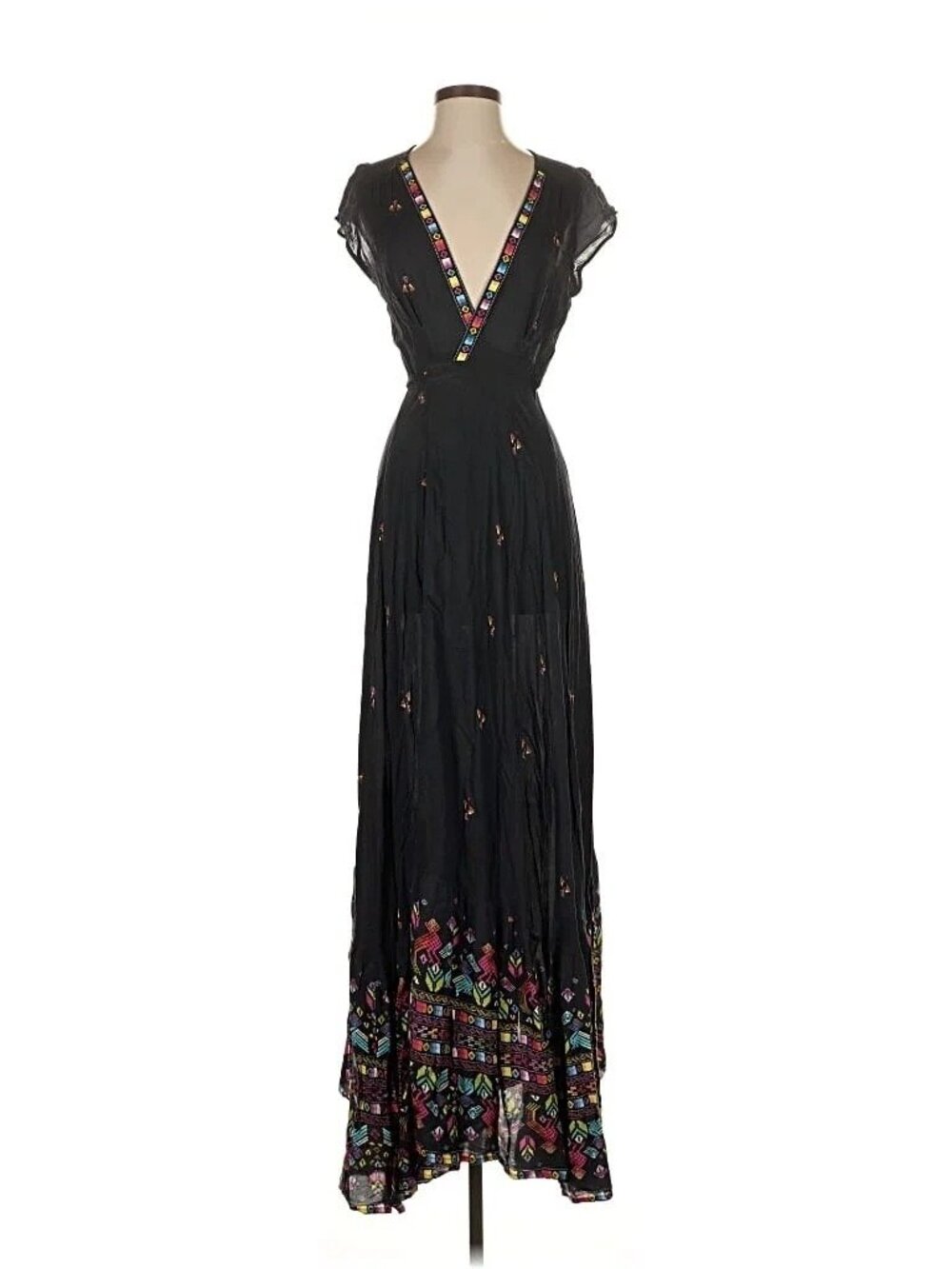 Jens Pirate Booty Black Tie Waist V-Neck Maxi Dress S| Cottagecore Coastal Boho - Picture 2 of 15
